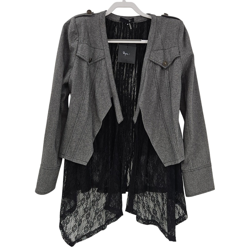 Ryu Whimsigoth Wool Cardigan Women M Gray Lace Military Napolian Dark Fairy Goth